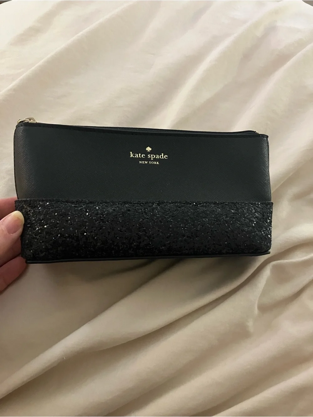 Kate Spade New York Black Saffiano Leather Glitter Makeup Bag Cosmetic Pouch Zip